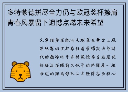 多特蒙德拼尽全力仍与欧冠奖杯擦肩青春风暴留下遗憾点燃未来希望