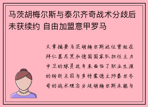 马茨胡梅尔斯与泰尔齐奇战术分歧后未获续约 自由加盟意甲罗马