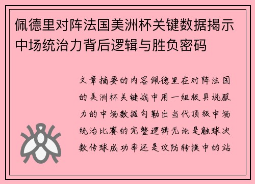 佩德里对阵法国美洲杯关键数据揭示中场统治力背后逻辑与胜负密码